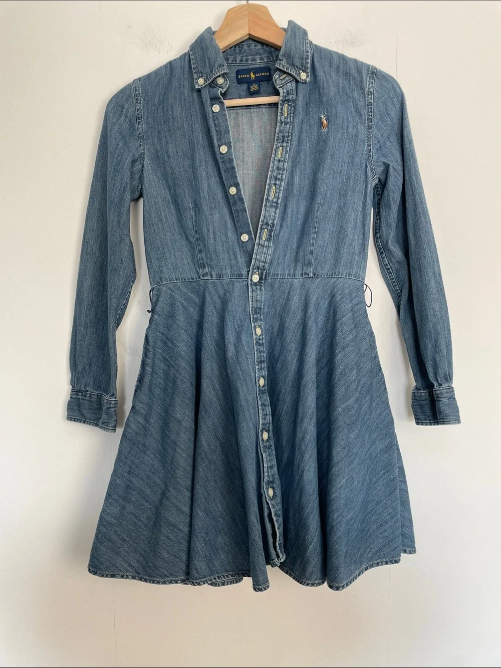 Ralph Lauren Girls' 12 Long Sleeve 2 Pocket Button Down Front Denim Flare Dress